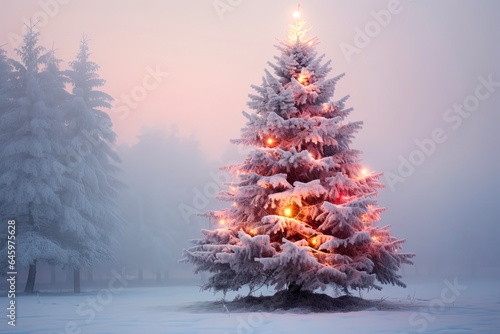 Merry Christmas! Bright Snow Covered Tree Shining in the Foggy, Cold Morning - Festive and Serene