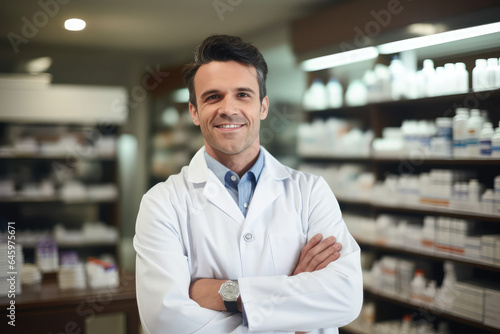 Portrait of pharmacist standing with arms crossed in drugstore