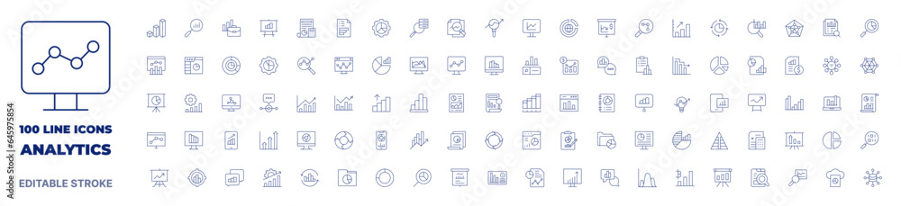 100 icons Analytics collection. Thin line icon. Editable stroke. Analytics icons for web and mobile app.