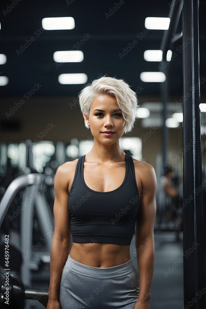 Wide shot of Attractive fit woman standing in fitness gym. Image created using artificial intelligence.