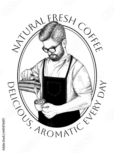 Vector illustration of a barista making coffee in engraving style