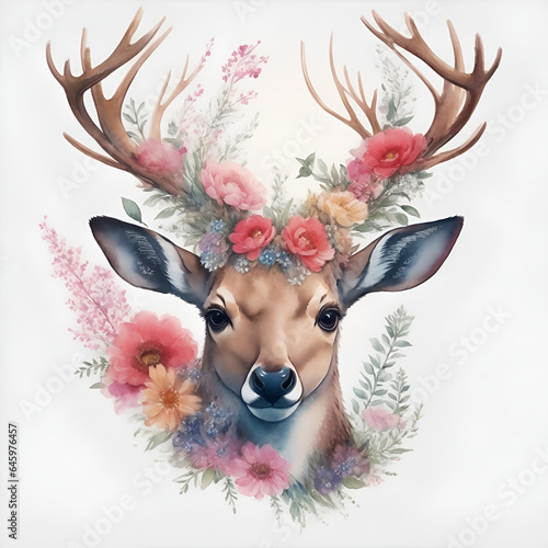 Image of A Beautiful Deer head logo with flowers.