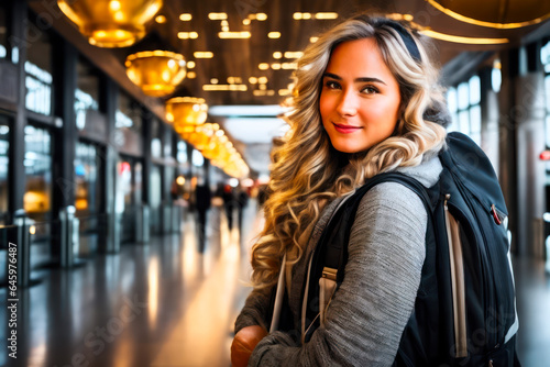 Portrait of happy young female tourist at the departure hall of a modern airport. Travel concept