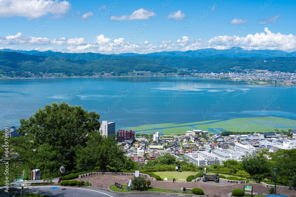 長野県諏訪市の立石公園と諏訪湖