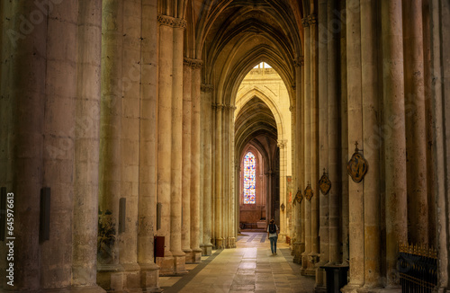 Wide view of the religious Saint Gatien Cathedral in Tours city  with tall columns carved in medieval style in France
