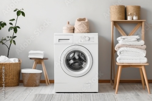 Domestic room interior with modern washing machine and laundry baskets. generative ai.