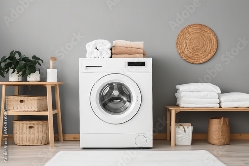 Domestic room interior with modern washing machine and laundry baskets. generative ai.