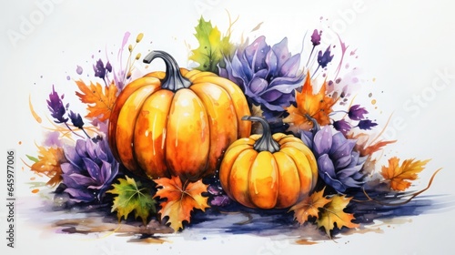 Cartoon pastel colored pumpkins in watercolor style. Halloween card.