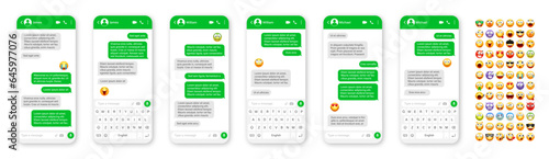 Smartphone messaging app, user interface design with emoji. SMS text frame. Chat screen with green message bubbles. Texting app for communication. Social media application. Vector illustration