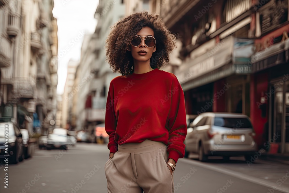 a young woman in a red sweater and tan pants crossing the street in a big city