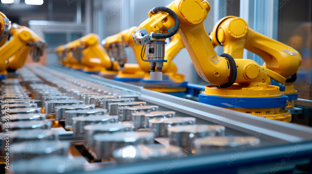 Yellow industrial robot arm at production line at modern bright factory. Automated Manufacturing Facility