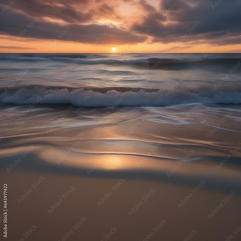 A serene beach at sunset with waves gently lapping the shore1