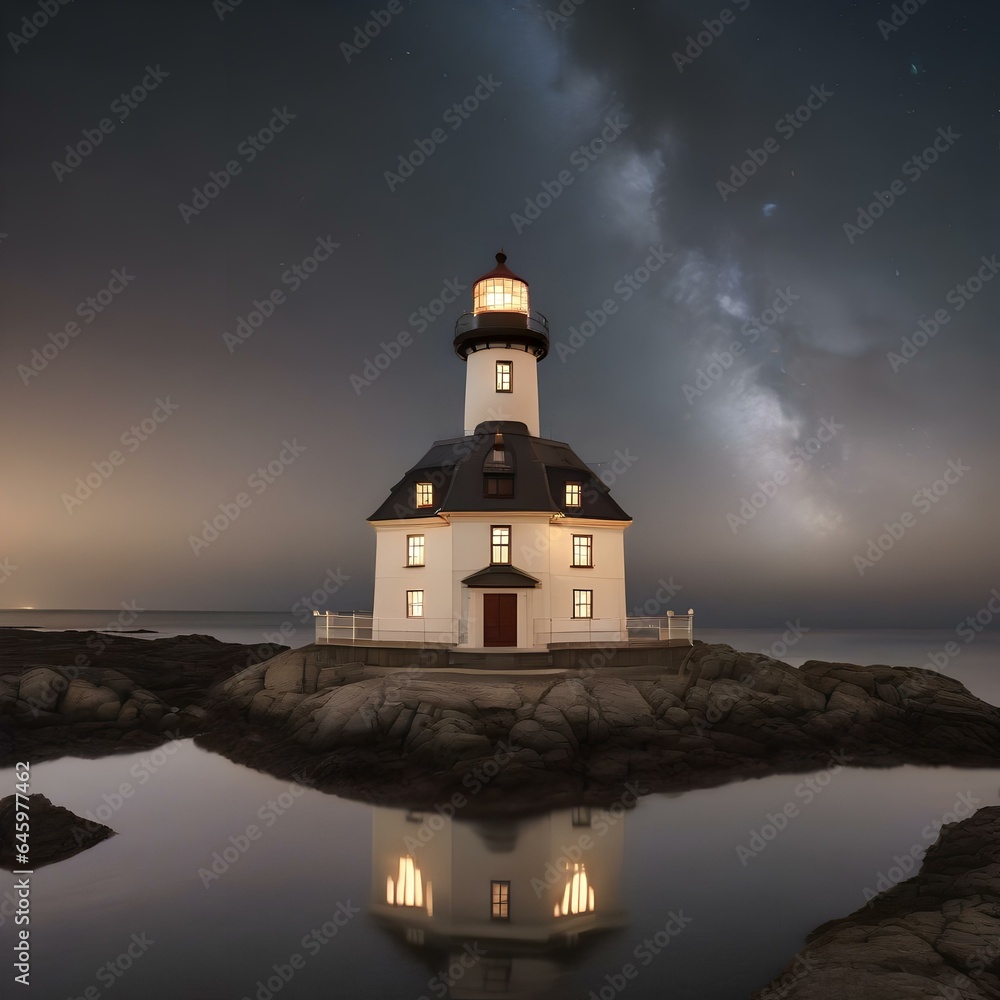 A symmetrical reflection of a lighthouse in a still, starry sea3