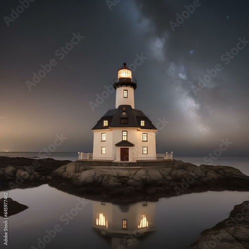 A symmetrical reflection of a lighthouse in a still, starry sea3 © Ai.Art.Creations