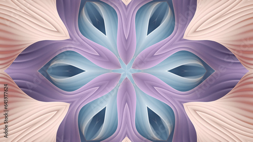 3D render, an abstract background of floral kaleidoscope, colorful paper flowers ornament. Modern wallpaper. 3d Illustration