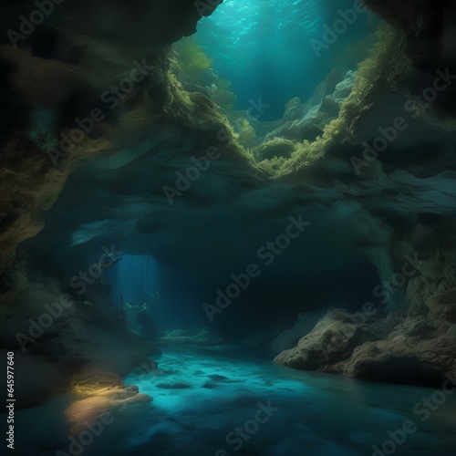 A surreal and dreamlike underwater cave with bioluminescent creatures4