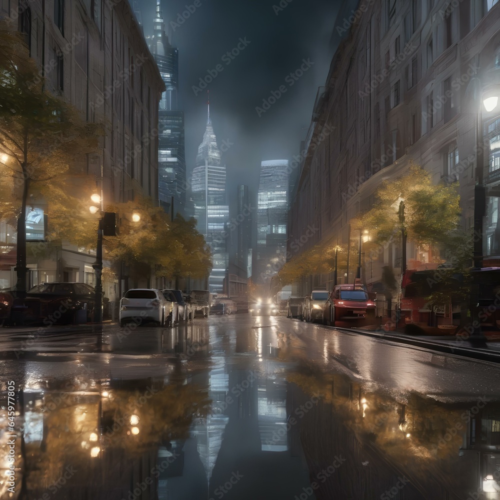 A dynamic cityscape with reflections in puddles after a rainstorm4