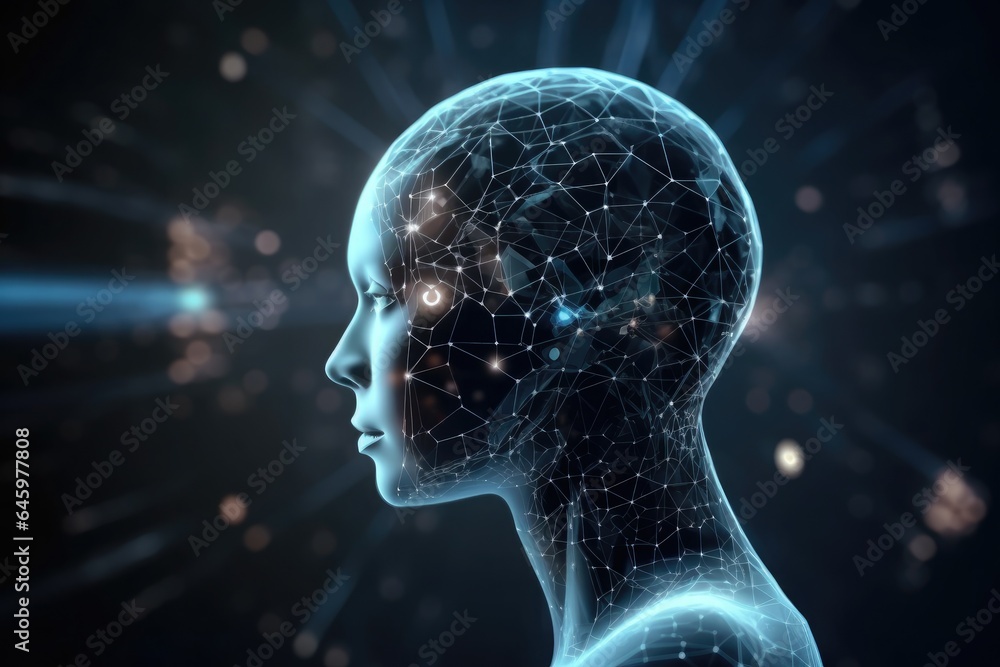 Virtual portrait of a human with a neural network with copy space, technology concept, virtual intelligence concept Virtual portrait of a human with a neural network with copy space, technology concept, virtual intelligence concept