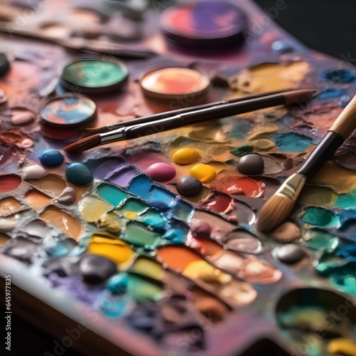 A close-up of an artists palette filled with a vibrant array of colors3