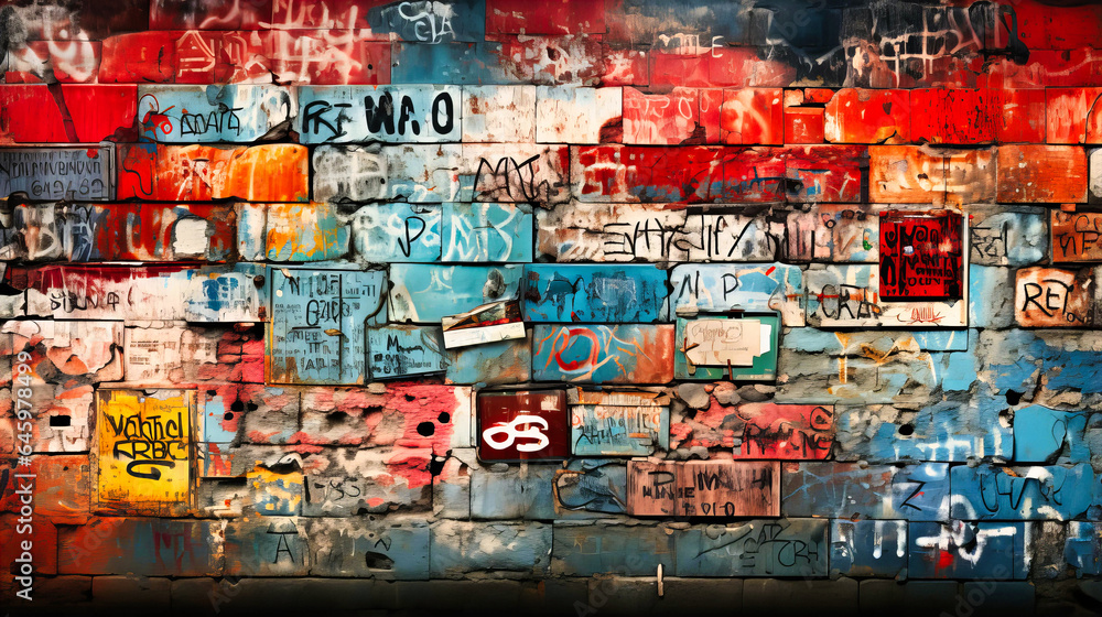 Fototapeta premium Graffiti-covered brick wall with urban motifs