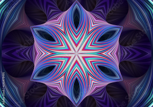 3D render, an abstract background of floral kaleidoscope, colorful paper flowers ornament. Modern wallpaper. 3d Illustration