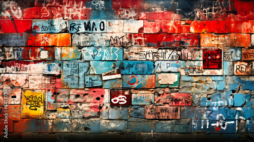 Graffiti-covered brick wall with urban motifs