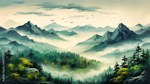 Misty mountain peaks with flying birds