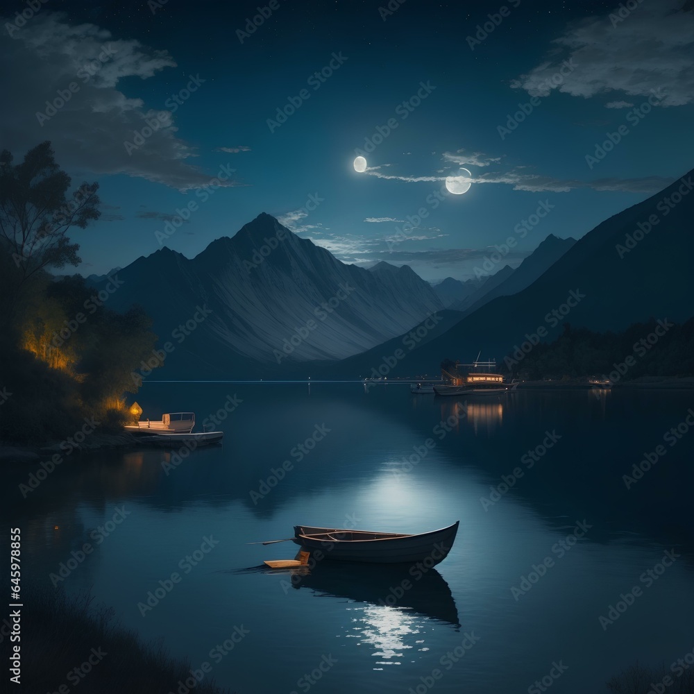 a painting of a lake at night with a full moon in the sky and a boat in the water in front of the mountain range