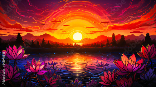 Intricate mandala patterns on a sunset backdrop photo