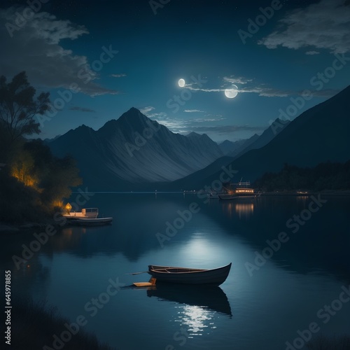 a painting of a lake at night with a full moon in the sky and a boat in the water in front of the mountain range