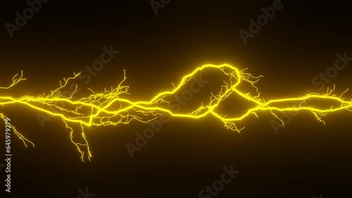 Yellow lightning on black background 3D animation. Thunderstorm simulation.