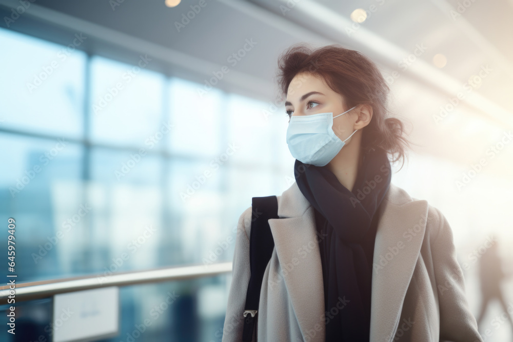 Woman Traveling at Airport with Face Mask - Generative AI Woman Traveling at Airport with Face Mask - Generative AI