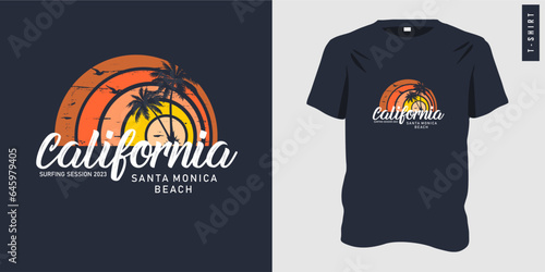 California santa monica beach t-shirt design. Retro summer beach design for apparel and others. Typography style with colorful background. Beach vibes for vacation. Vector illustration. photo