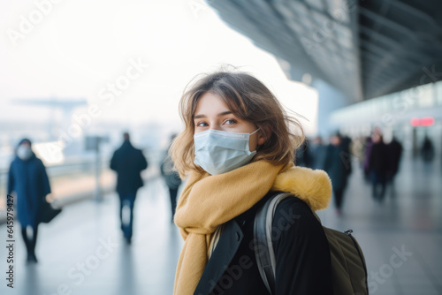 Woman Traveling at Airport with Face Mask - Generative AI