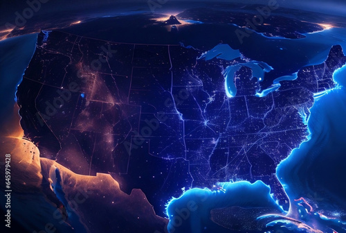 America at night viewed from space with city lights showing activity in United States. Technology, global communication, world. USA. Created with Generative AI technology