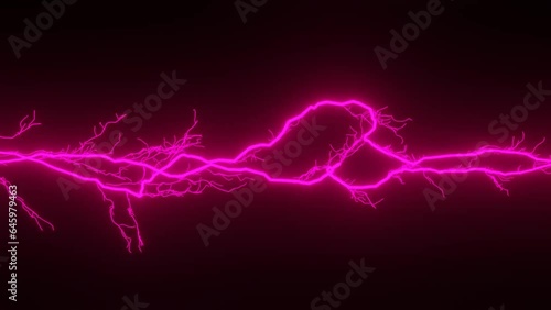 Pink lightning on black background 3D animation. Thunderstorm simulation.