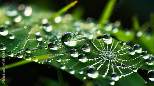 Dew-kissed spider web on a morning meadow photo