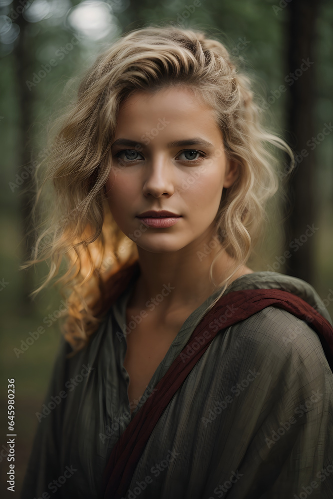 Portrait of a middle-aged young woman with short blonde hair in a deserted dark forest. Image created using artificial intelligence. Portrait of a middle-aged young woman with short blonde hair in a deserted dark forest. Image created using artificial intelligence.