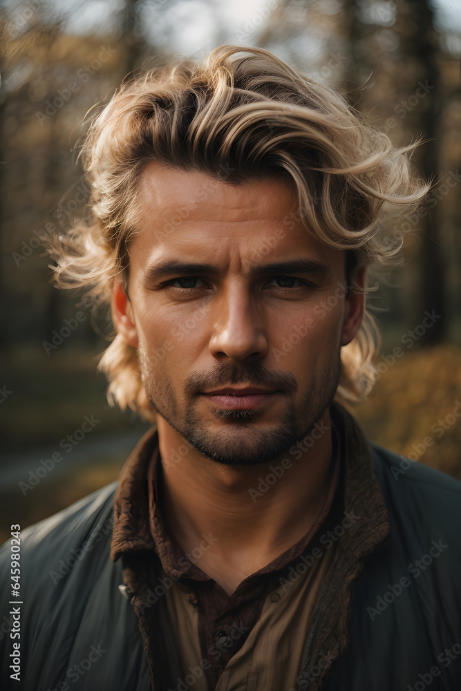 Fototapeta premium Portrait of a handsome middle-aged man in a deserted dark forest. Image created using artificial intelligence.