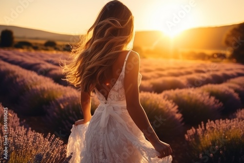 Behind shot woman on lavender flower field sunset time, Generative with Ai. © Prathankarnpap