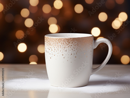 Close-Up of Hot Cappuccino in a White Coffee Cup with Heart-Shaped Latte Art on a Luxurious White Marble Table with Golden Accents and Gold Bokeh Lights in the Background - Caf   Food and Drink Concept