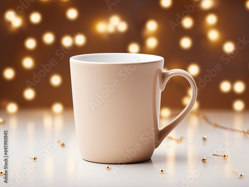 Close-Up of Hot Cappuccino in a White Coffee Cup with Heart-Shaped Latte Art on a Luxurious White Marble Table with Golden Accents and Gold Bokeh Lights in the Background - Café Food and Drink Concept