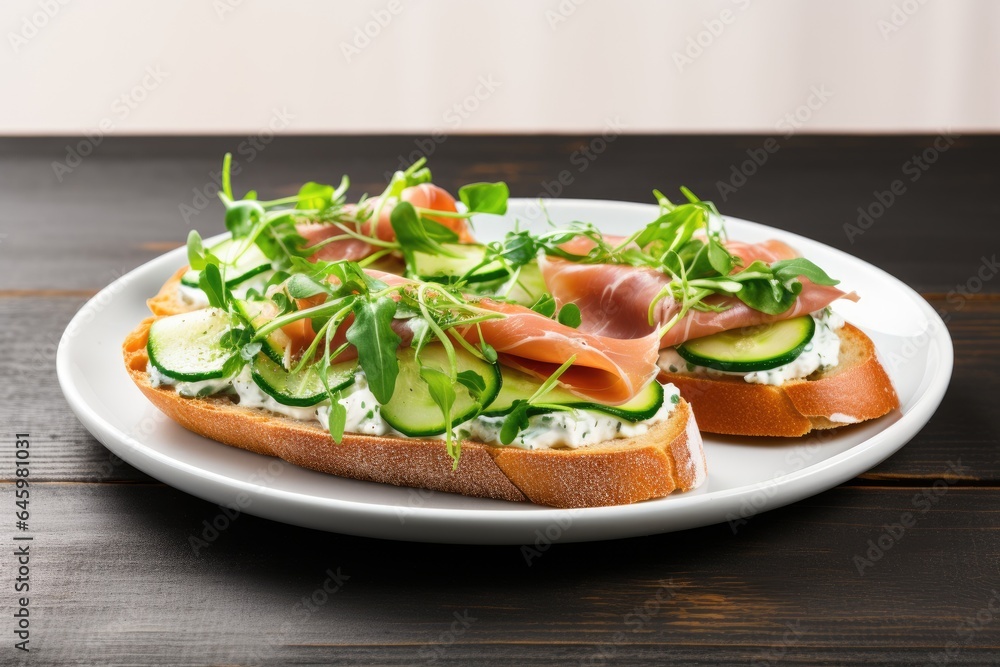 Sandwiches with cream cheese prosciutto cucumber and arugula on white plate Sandwiches with cream cheese prosciutto cucumber and arugula on white plate