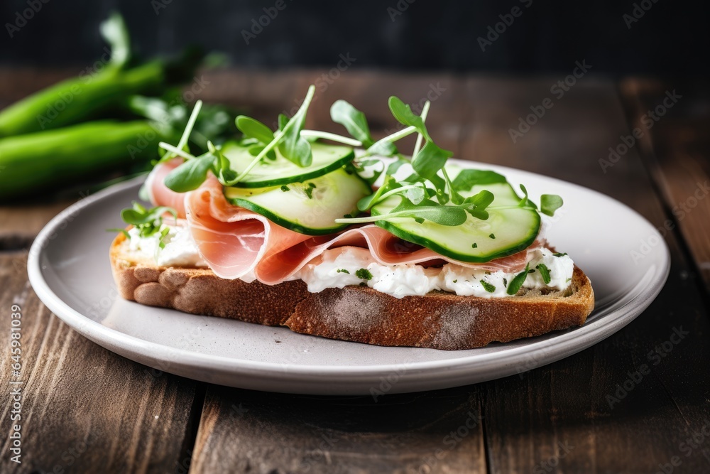 Sandwiches with cream cheese prosciutto cucumber and arugula on white plate