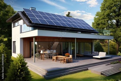 Solar photovoltaic panel system on the roof. Alternative energy ecological concept.