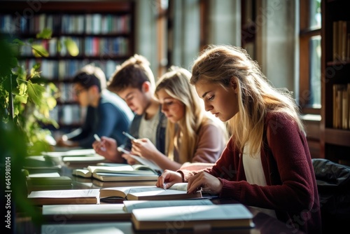 University students reading books in library for research.