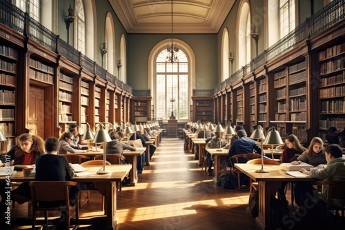 University students reading books in library for research.