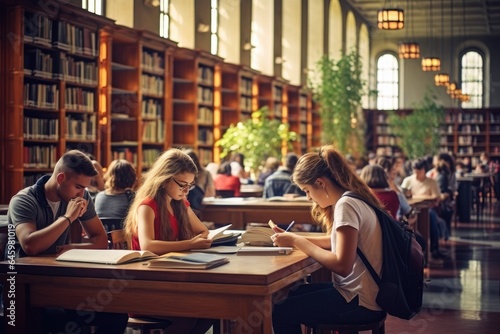 University students reading books in library for research.
