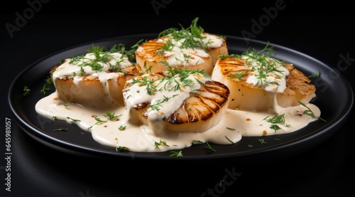 Grilled scallops with creamy lemon spicy sauce and herbs on black background.