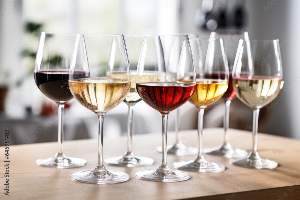 a display of different wines in glasses for tasting  in a neutral environment 